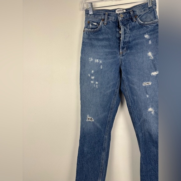 AGOLDE Riley Cropped High Rise Sttraight Leg Distressed Raw Hem Jeans Sz 24 - Picture 4 of 10